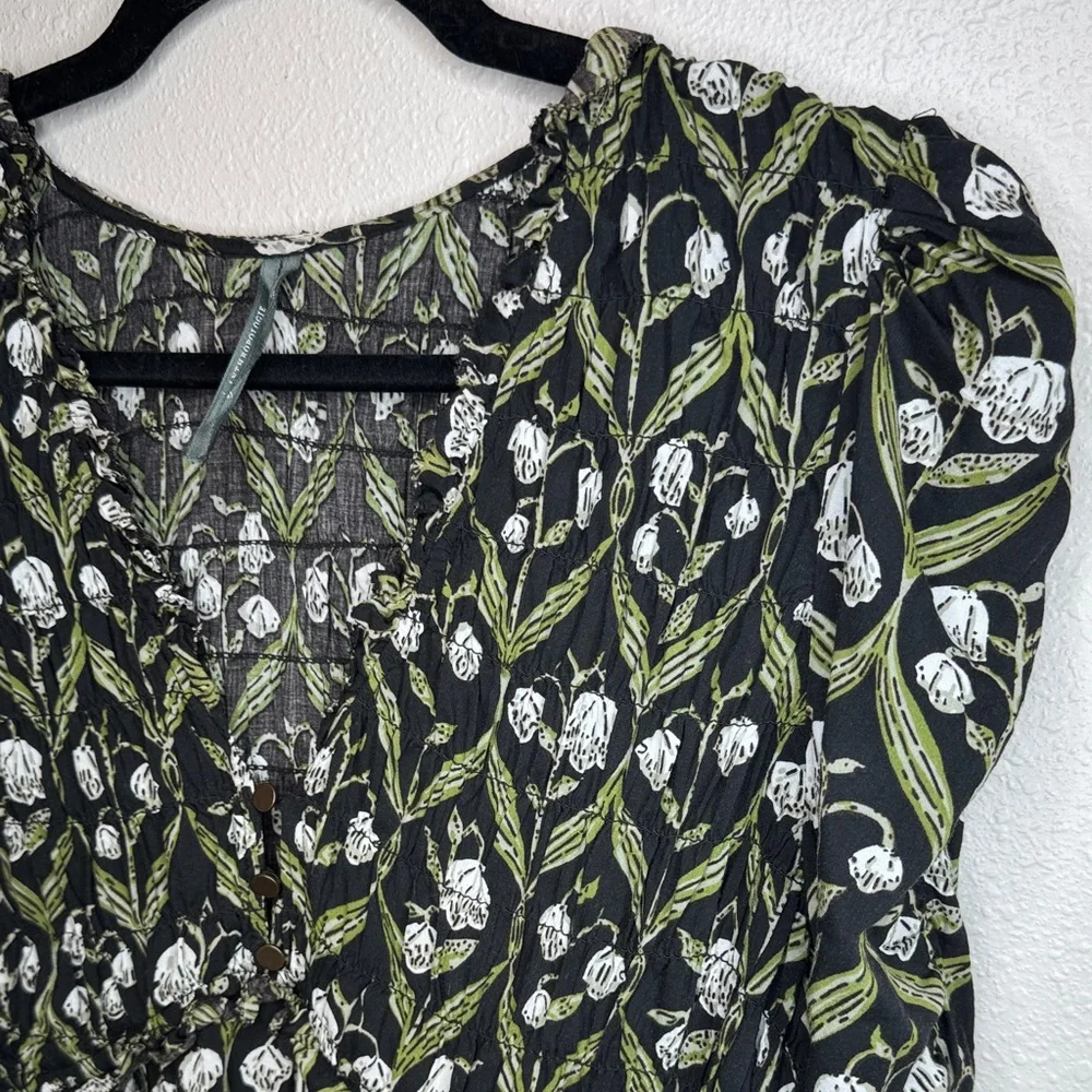 Anthropologie Ruched Sleeve V-neck Black and Green Floral Blouse Fall - XL - Picture 7 of 13